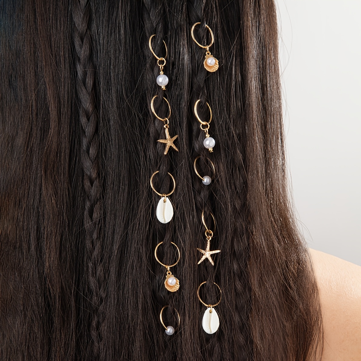 Image of 10pcs Braided Hair Additions With Starfish And Shell Pendants | Bohemian Style Alloy Hair Rings With Tassel Elements