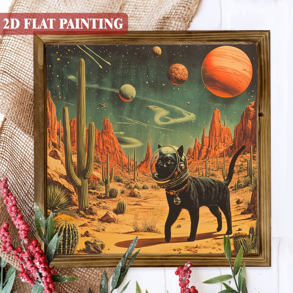 TEMU 2d Flat, 1pc, Vintage Astronaut Black Art Wooden Sign 8x8 Inch, With Frame Whimsical Black Cat Lovers Decorative Sign Desktop Ornament, Indoor