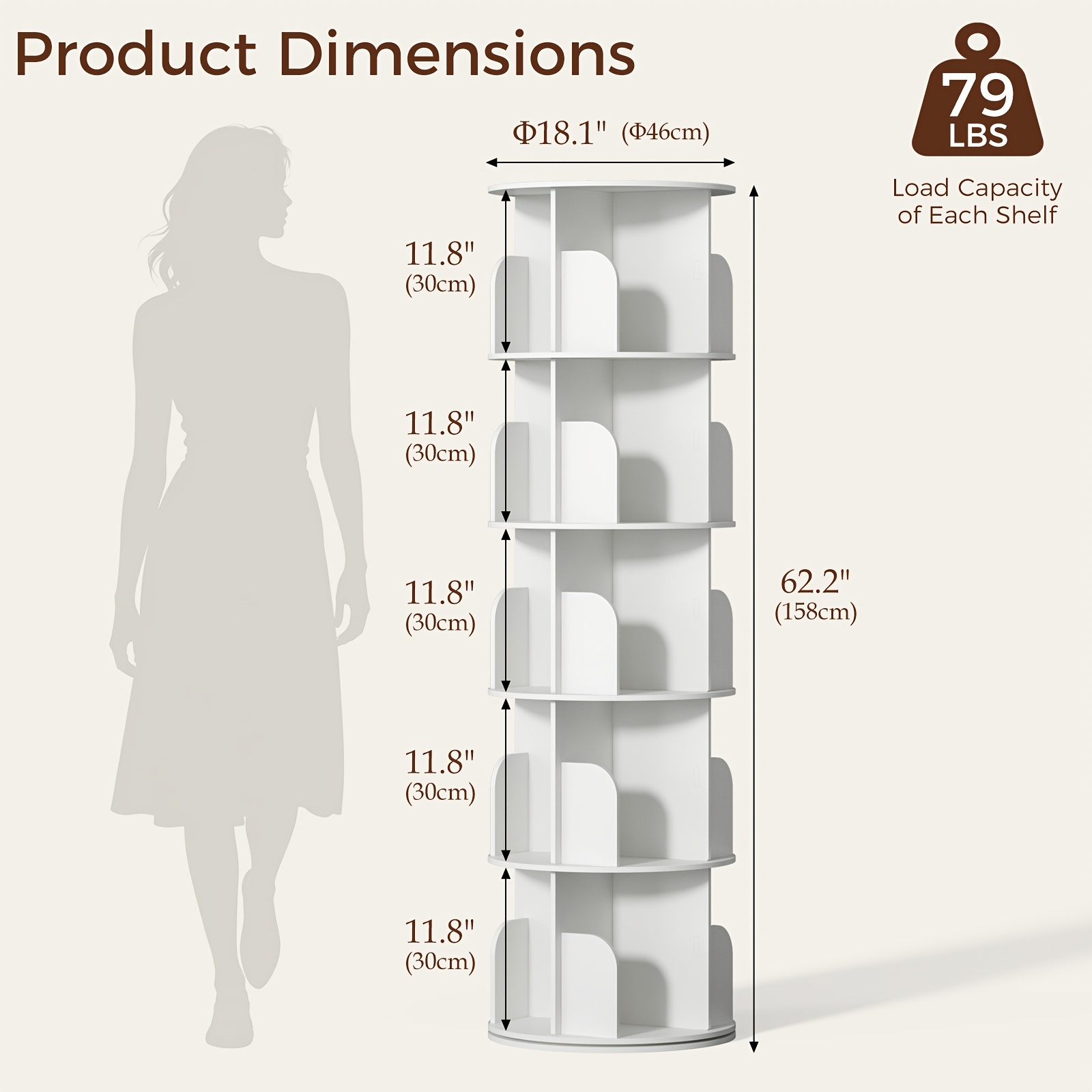 3/4/5 Tier Rotating Bookshelf, 360° Spinning Bookcase for Small Spaces, Vertical Corner Storage Organizer Display Rack for Bedroom Living Room, White