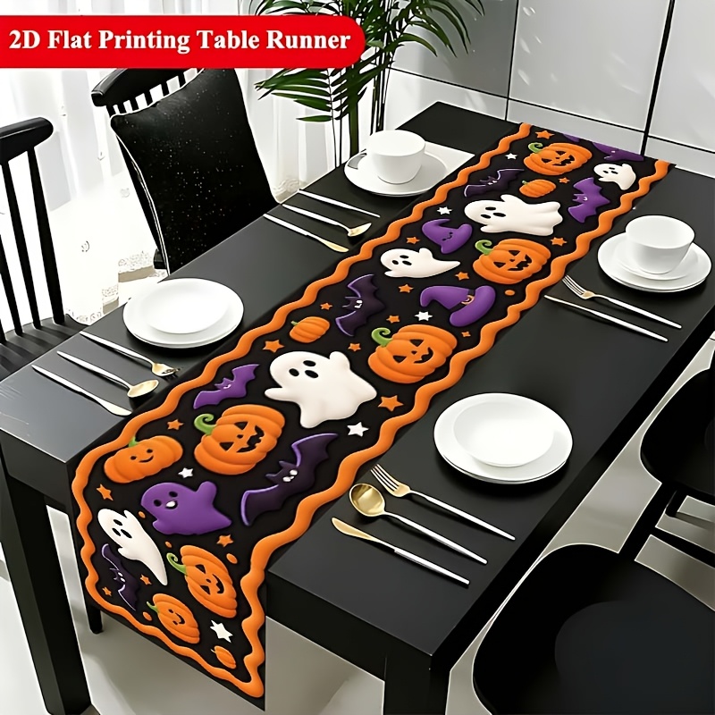 TEMU 1 chemin de table rectangulaire plat 2D pour Halloween avec imprimé de chauve-souris - Orange violet noir pour décoration de table d'horreur,