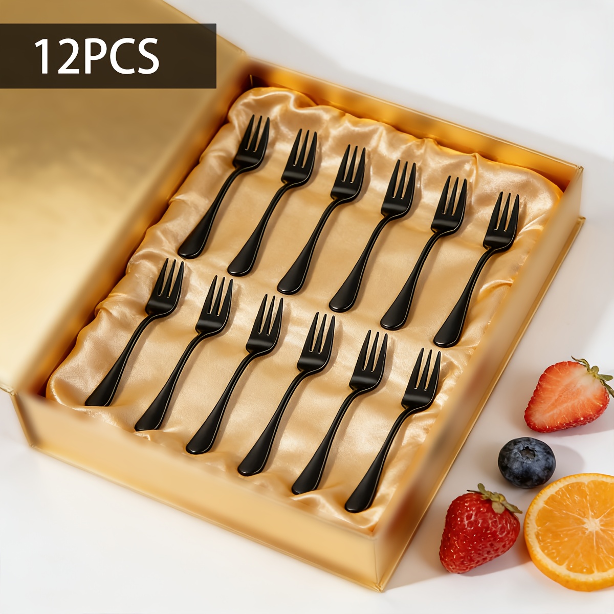 Black Minimalist Stainless Steel Dessert Fork | 5.4 Inch Three-pronged Fruit Fork 6/12pcs Set | Party Travel Essential Appetizer Fork
