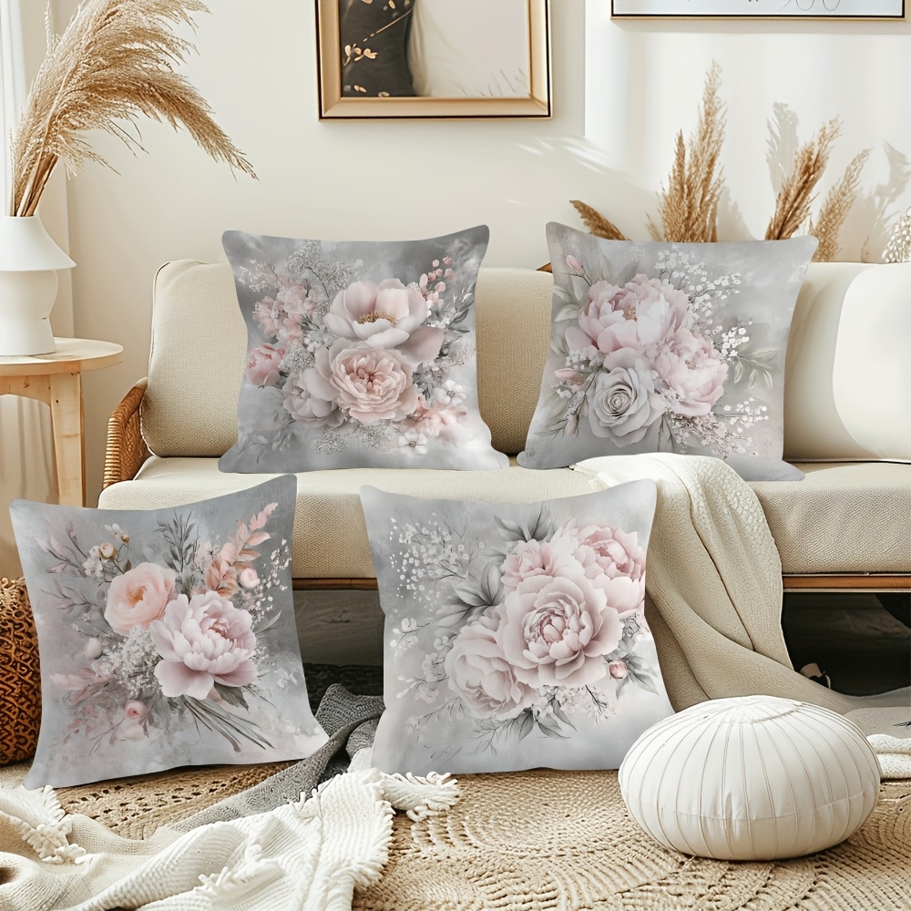 

4pcs Vintage Floral Pillow Covers, Watercolor Peonies & Roses, Soft Short Plush Polyester, Machine Washable, Zipper Closure, Woven Decorative Cushion Cases For Home And Office, 18x18 Inches