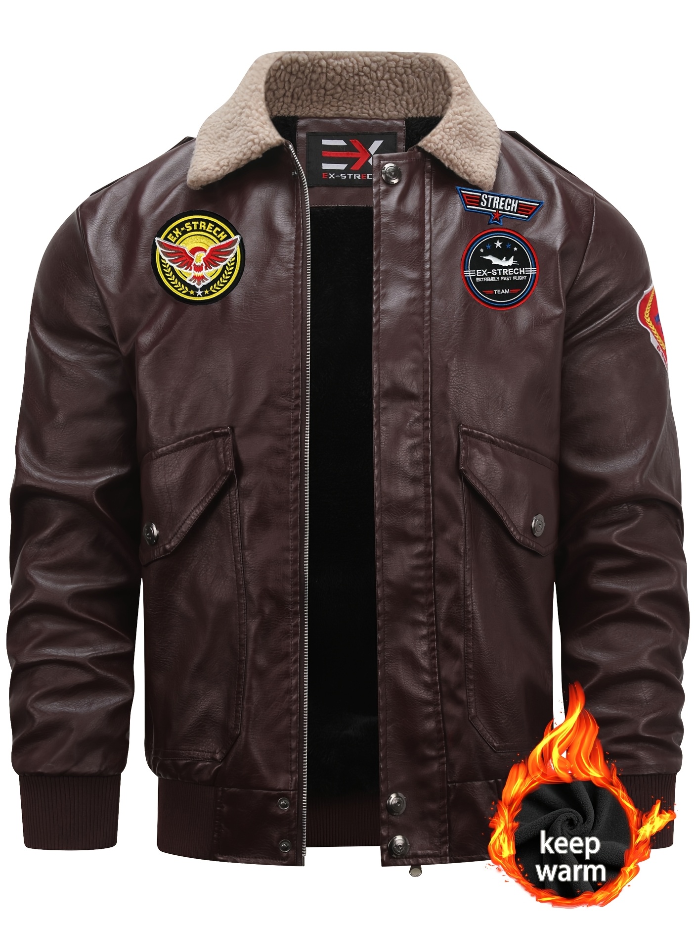 ex strech vintage winter flight jacket faux fur collar full - Temu