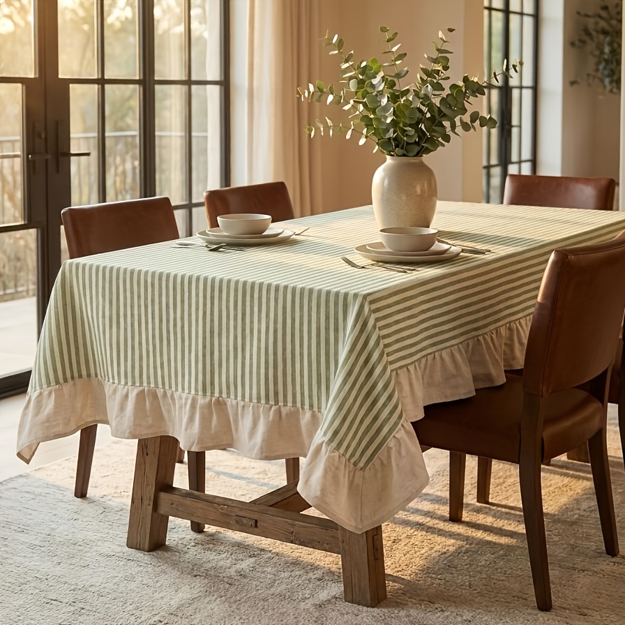 TEMU 1pc Emerald Striped White Tablecloth, - Wedding Table Decoration, Summer Tablecloth, Party Table Decoration; Boho Style Tablecloth, Birthday