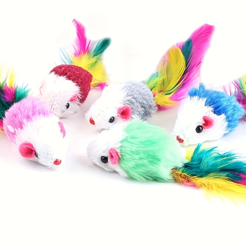 

Colorful Feather Tail Plush Mouse Toys For Cats, Assorted Animal Print Faux Fur Mice, No Batteries Needed, Suitable For All - Multipack