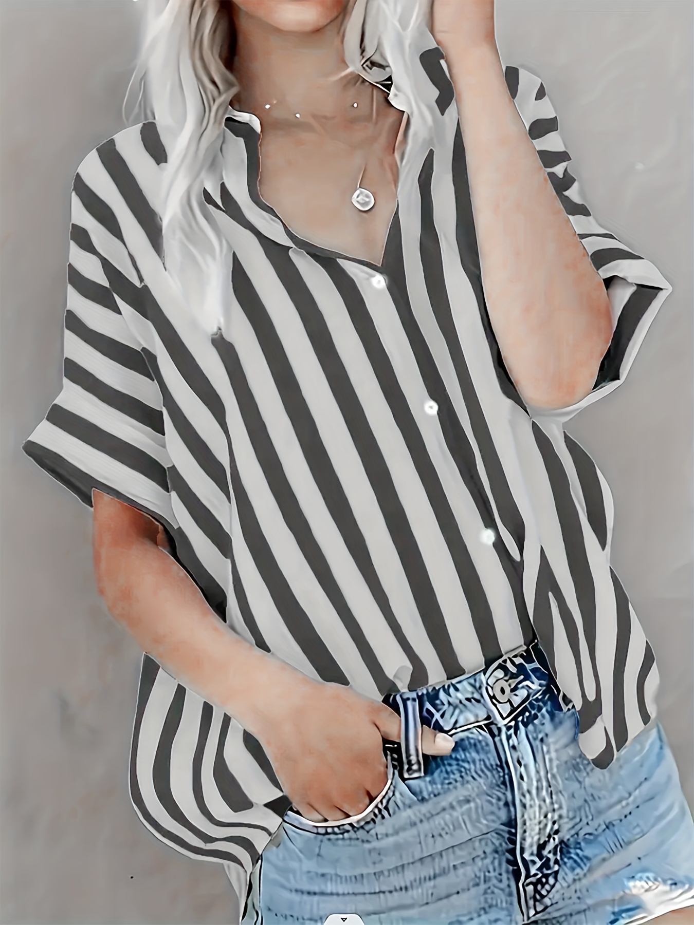 womens black white striped button shirt elegant casual short