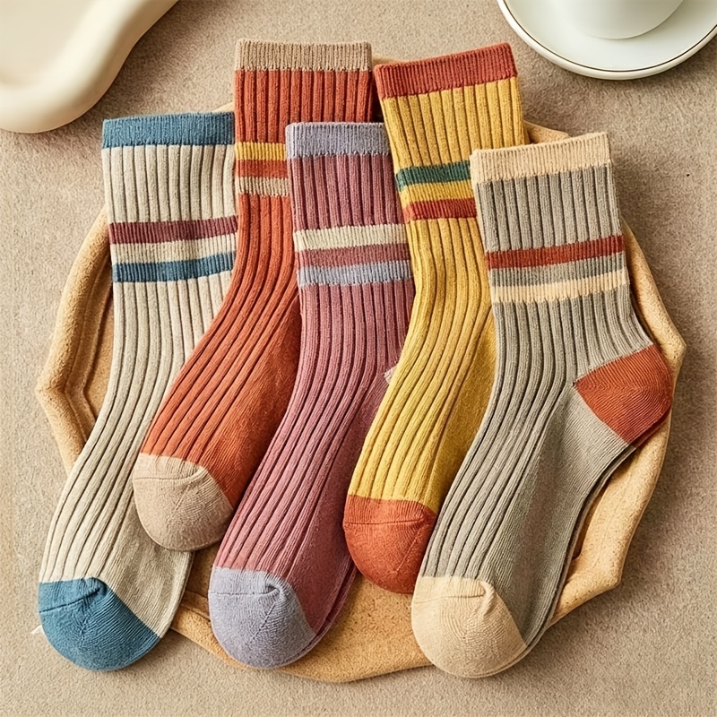 Image of 5 Pairs Of Retro Striped Color-block Mid-tube Socks Women's Korean Style Comfortable Socks Versatile