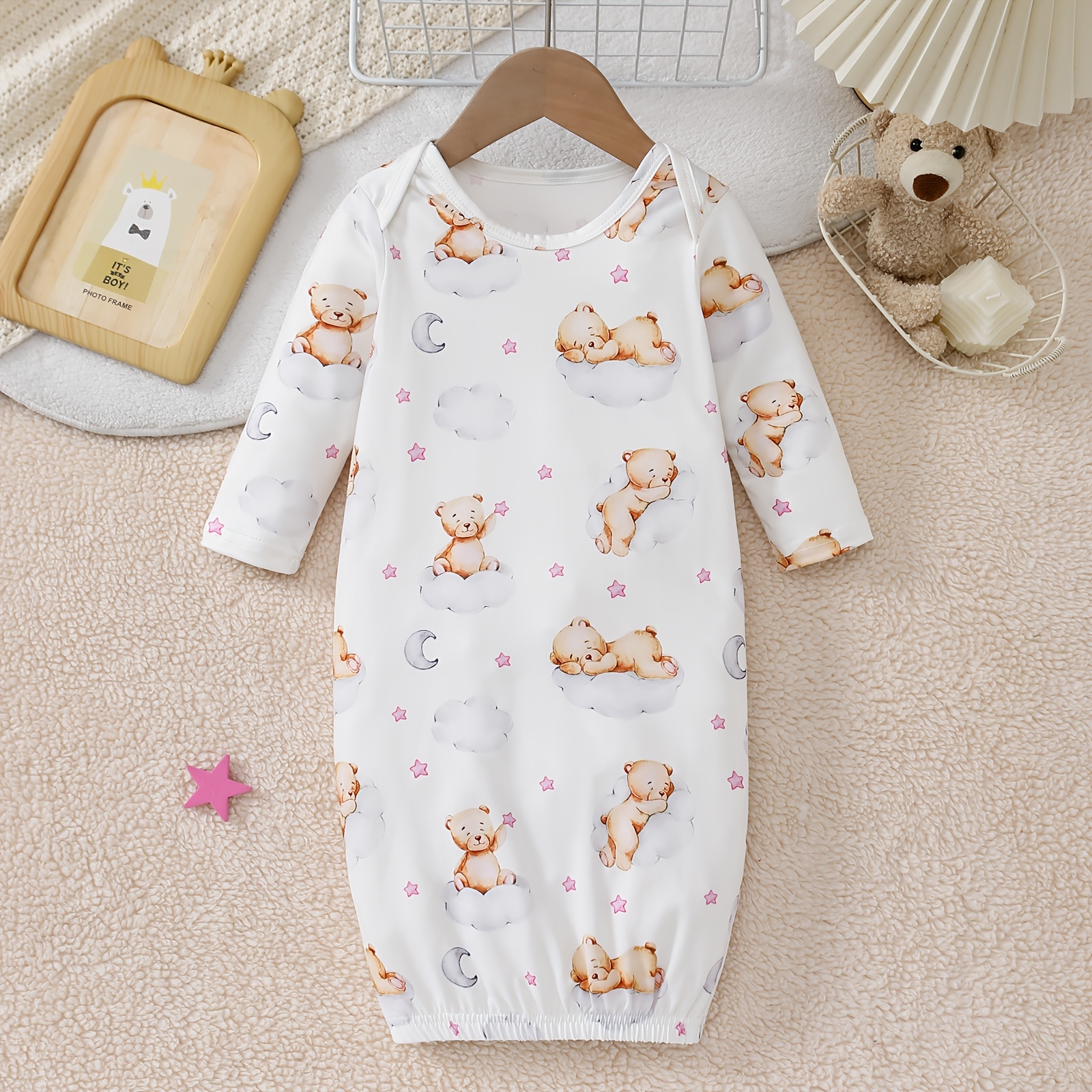TEMU For Newborns (0-6 Months): Moon Round Bear Baby Gown | Lightweight, Breathable, Moisture-wicking, , Polyester Fiber, Animal Print, Machine