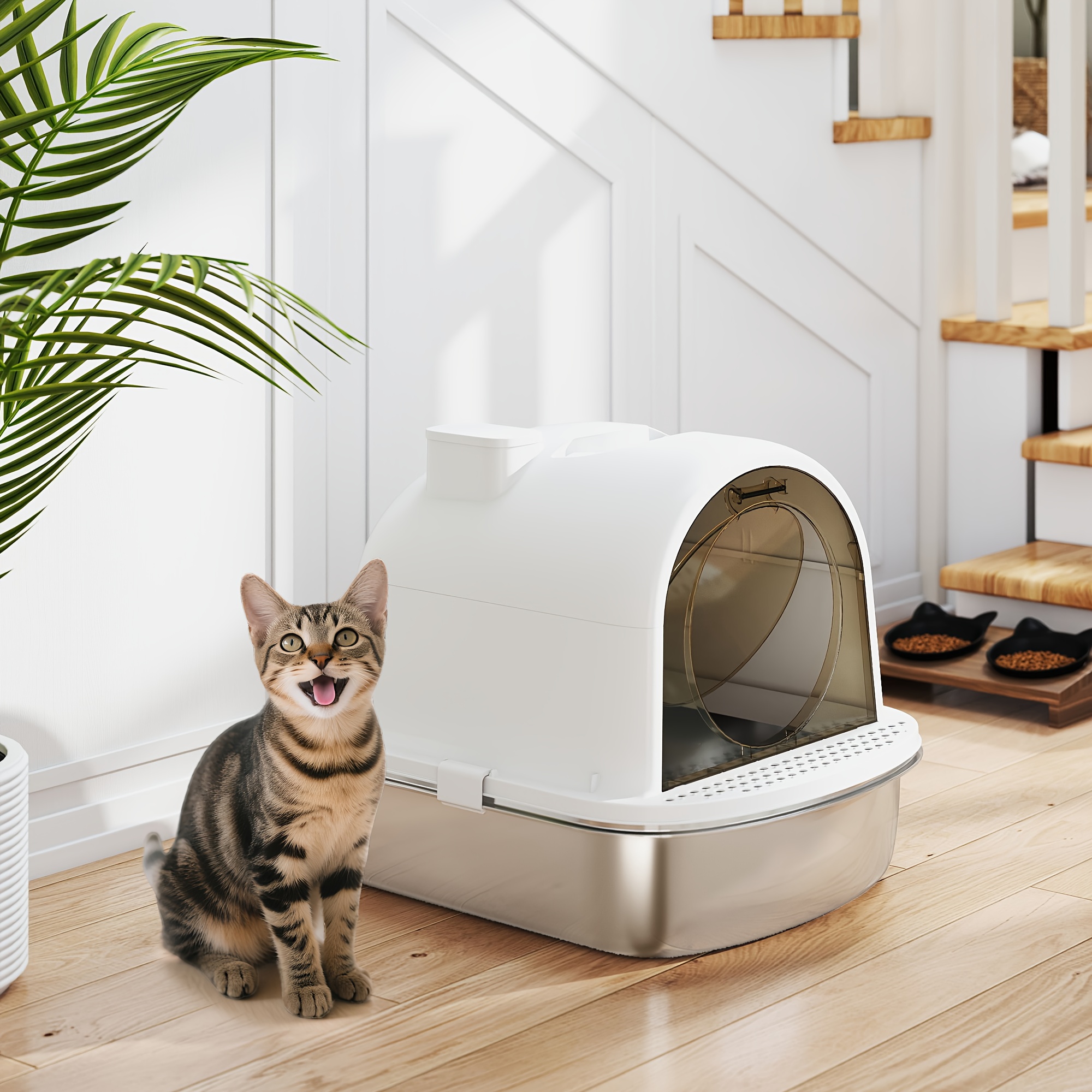 TEMU Pawhut Boîte à Litière en Acier Inoxydable avec Couvercle, Litière Fermée pour Chat avec Pelle, Sac Déodorant, Poignée, Contrôle des Odeurs, Non