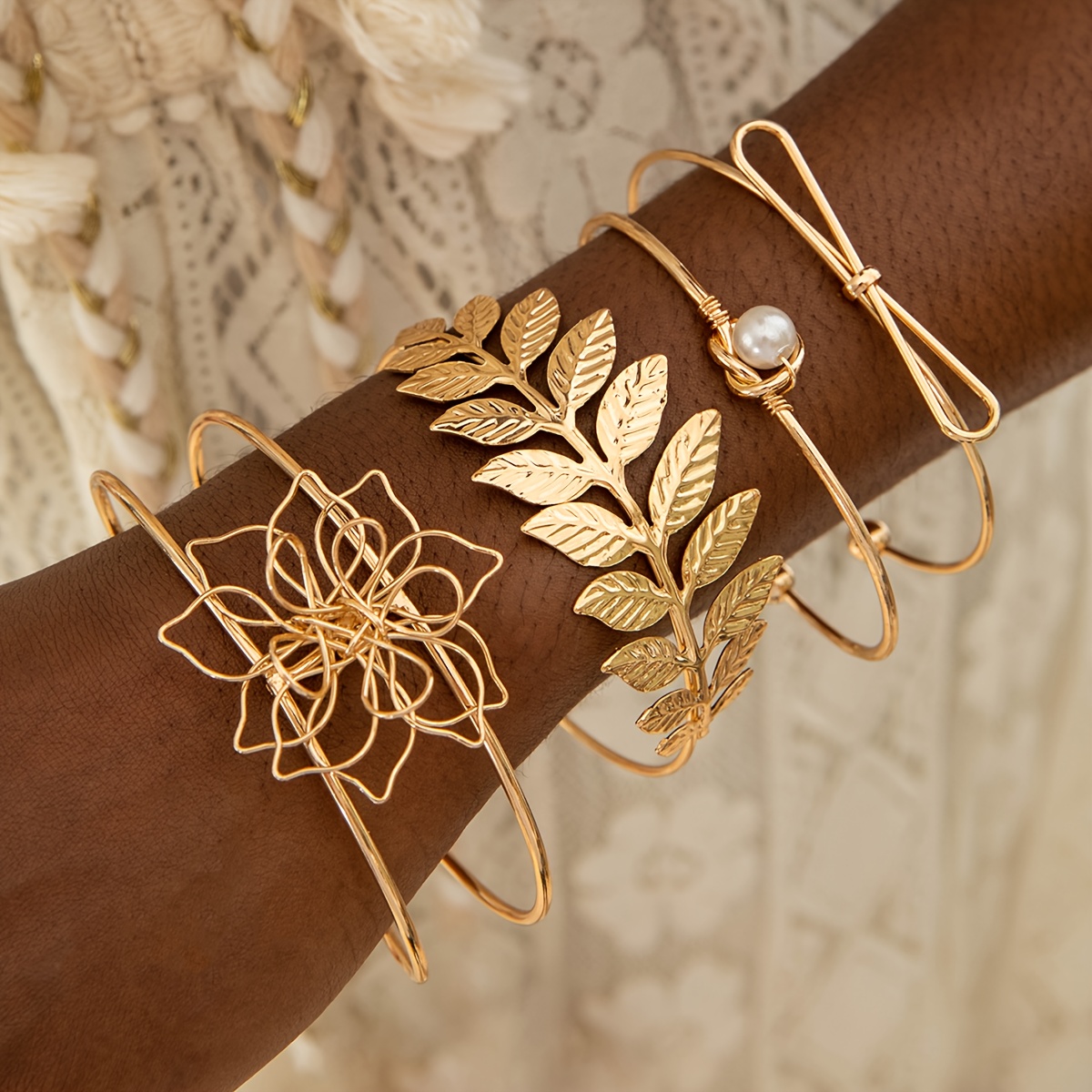 TEMU 4 Bracelets Fashion Retro Metal Leaf Wire Simulation Flower Knotted Opening Bangle Set Suitable For Women To In Parties, Travel, Vacation,