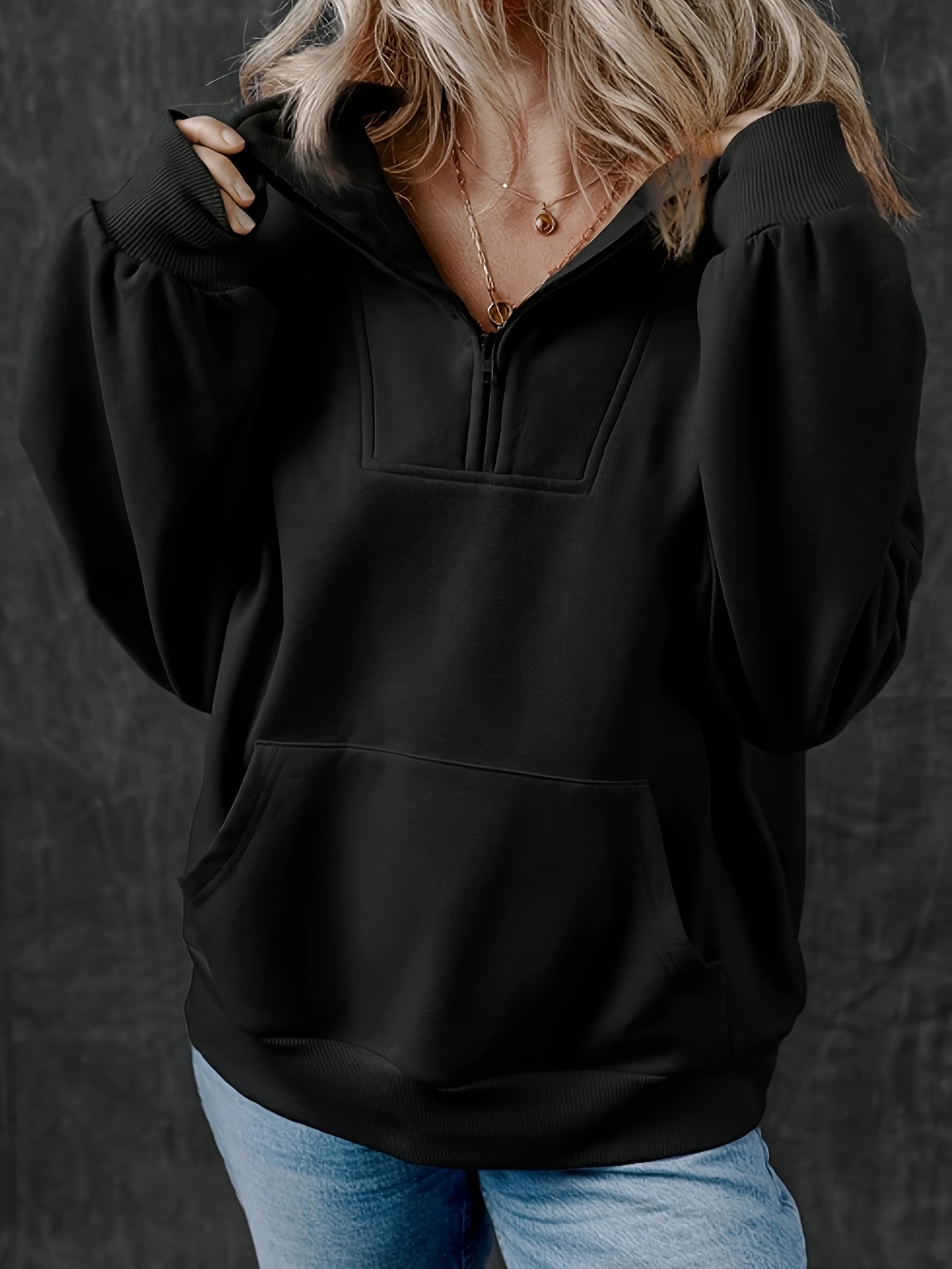 elegante einfarbig schwarze zipper stehkragen sweatshirt Temu