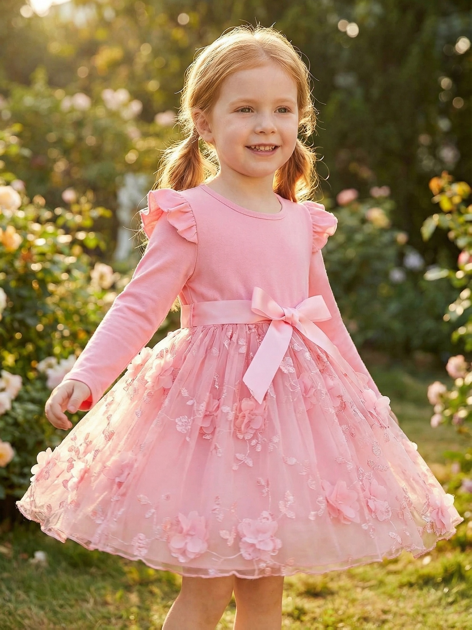 princess a line dress belt long sleeve ruffle pink petal - Temu Hungary
