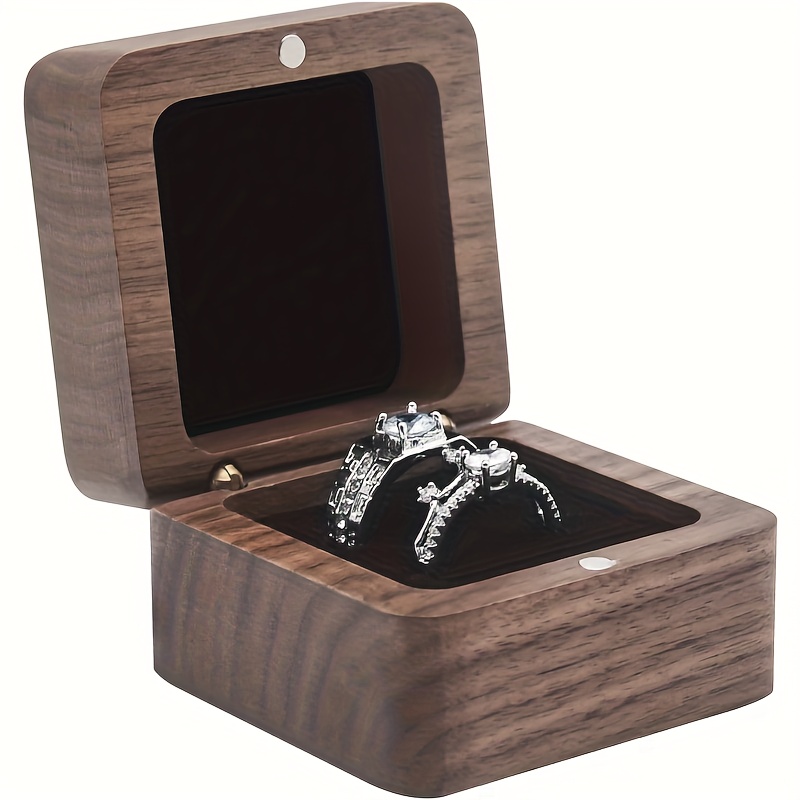Wooden Ring Box For Wedding Ceremony 2 Slots, Square Solid Wood Double Ring Holder Case Box, Vintage Box For Engasynthetic Gemstoneent Proposal, Rustic Jewelry Gift Storage Box