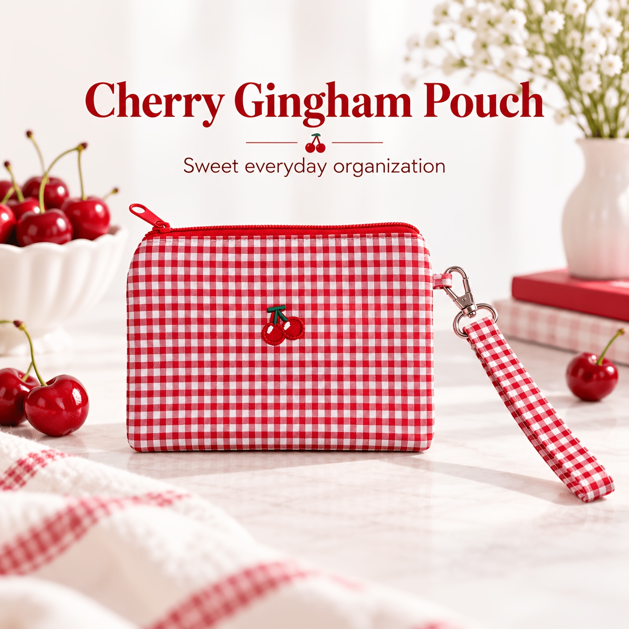TEMU Cherry Coin Purse, Portable Makeup Bag For , Multi-functional Sanitary Pad Pouch Embroidered Cherry Makeup Bag Portable Red Checkered Large