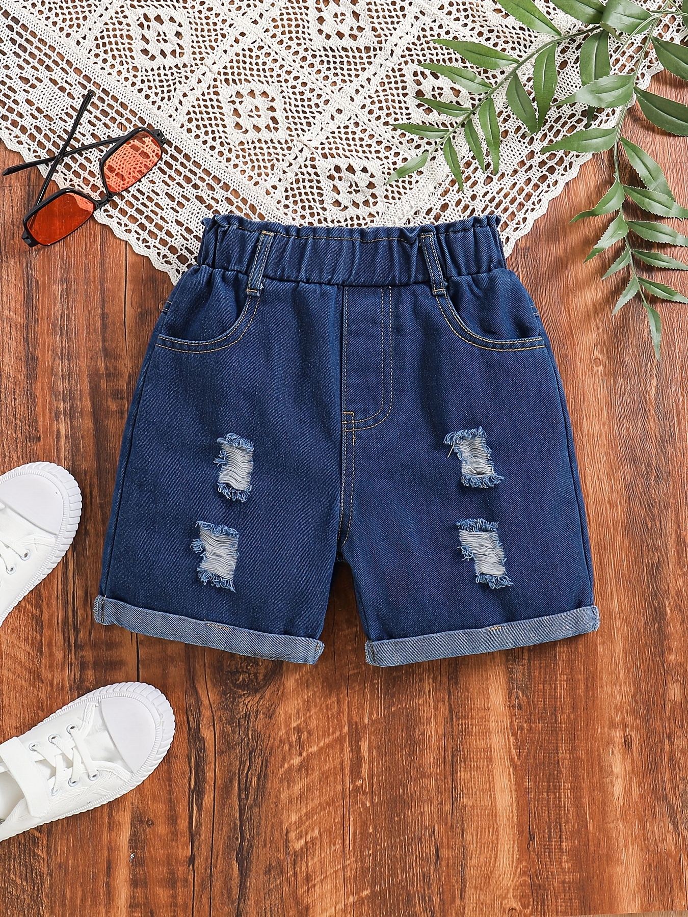 Girls Elastic Waist Frayed Hem Ripped Denim Shorts Set - Temu