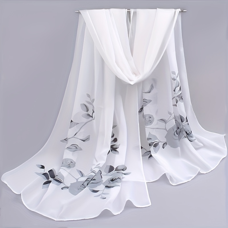 1pc Women's Long Lightweight Scarf - Floral Print Elegant Design, Soft Sheer Fabric For Shawl, Beach Cover-up & Versatile Fashion Accessory, Hand Wash/, Scarf For Hair