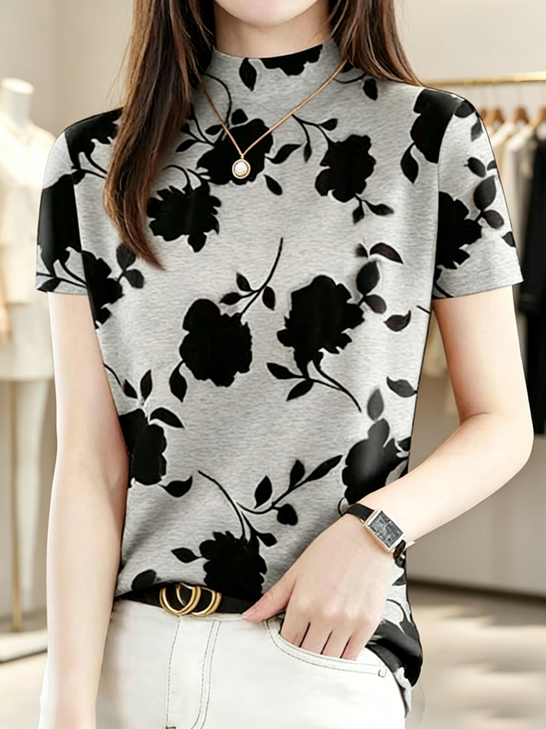 vintage relaxed   american inspired print summer new arrival high   fiber fabric half turtleneck short sleeve t shirt