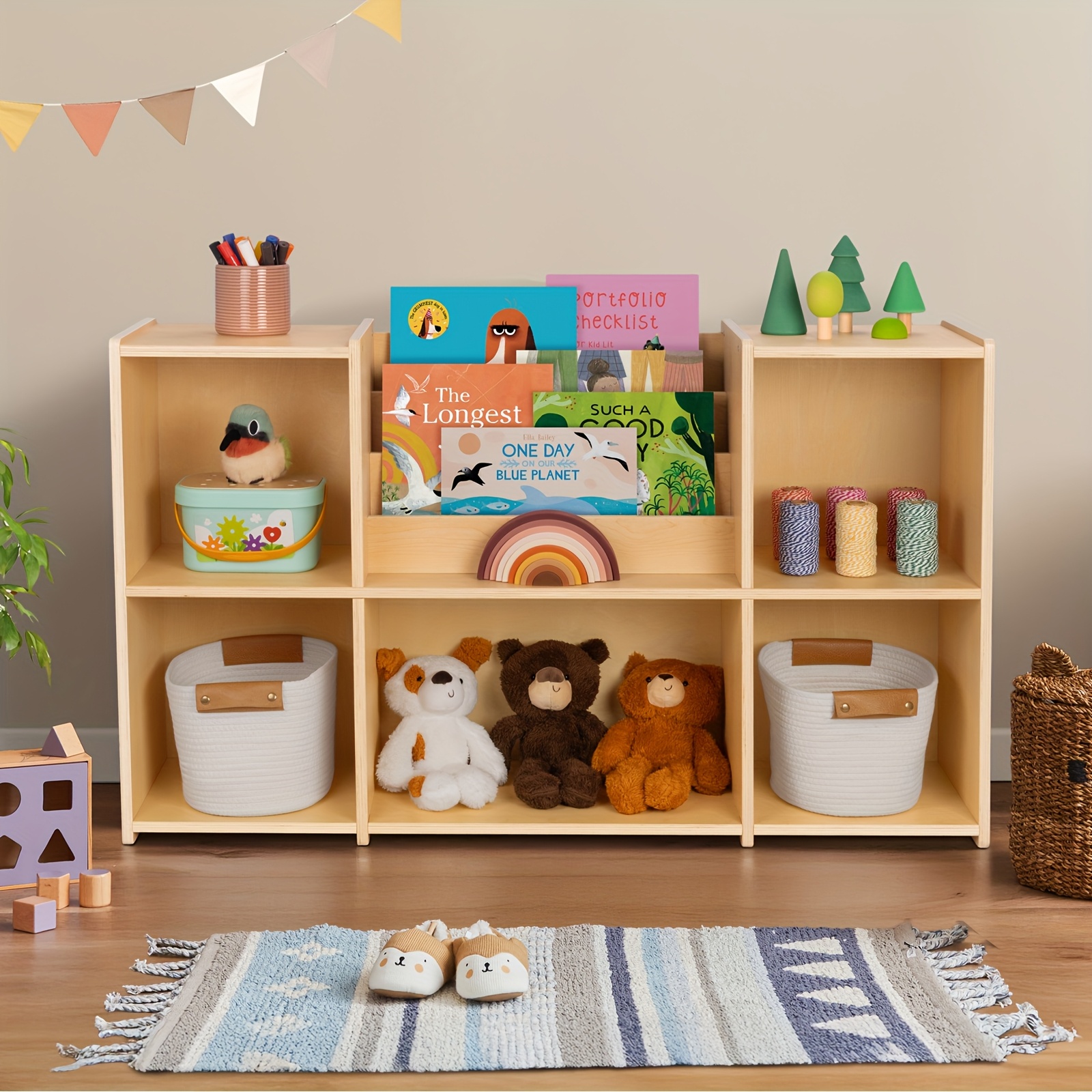 2-Tier Horizontal Wood Bookshelf and Toy Storage Organizer, 5-Compartment Toy Storage Cabinet with Book Rack, Ideal Choice for Kids Classroom Organizer, Playroom And Daycare