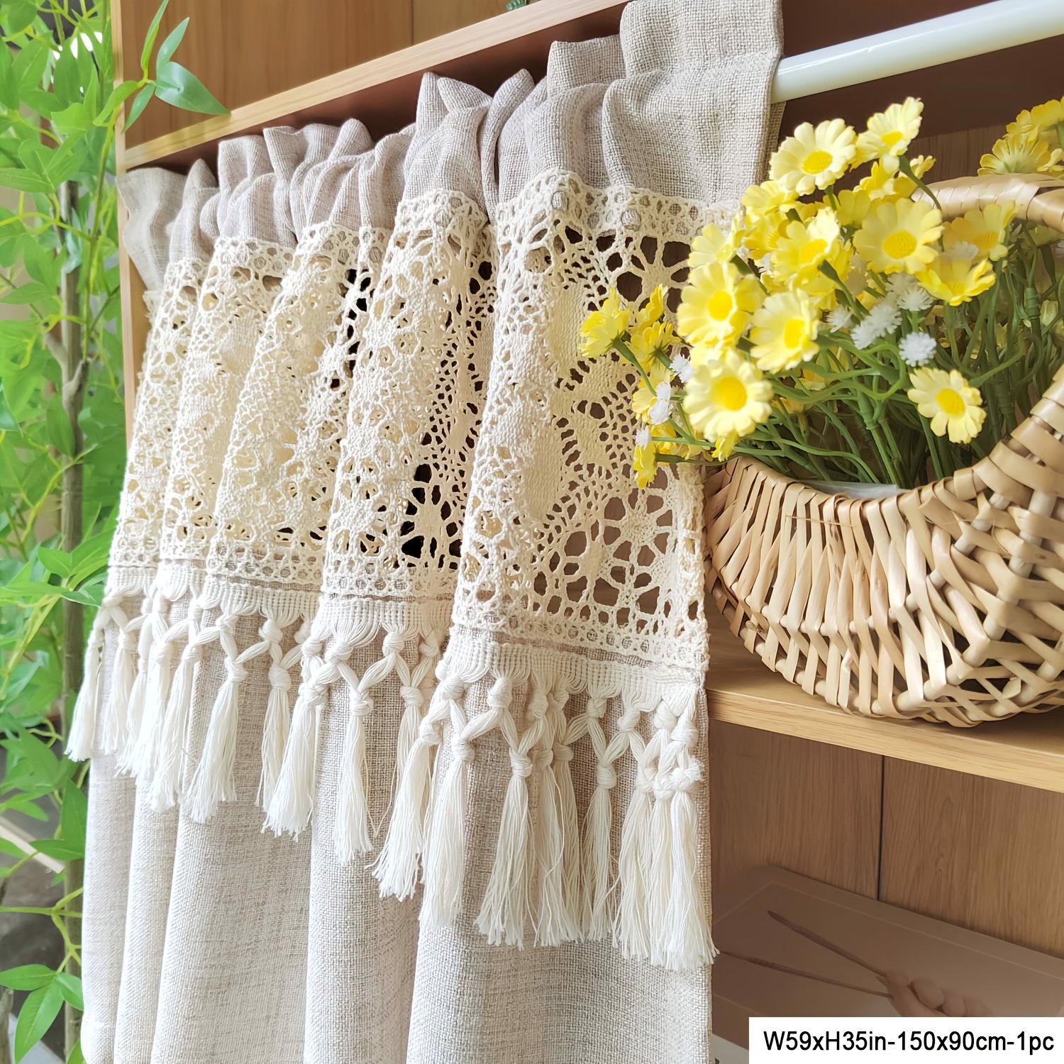 TEMU 1pc Boho Chic Tassel Short Curtains With Crochet Geometry Hollow -light Filtering, Rod Pocket Drapes For Kitchen, Cafe, Bathroom