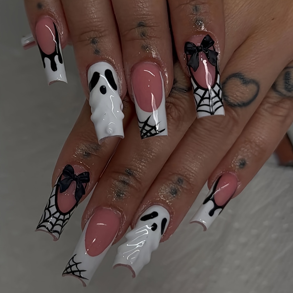 TEMU 24pcs 24pcs Suitable For Women' Halloween Press On Nails With Nude Pink Base & Black Bow Decor - Medium Square Fake Nails Suitable For Halloween