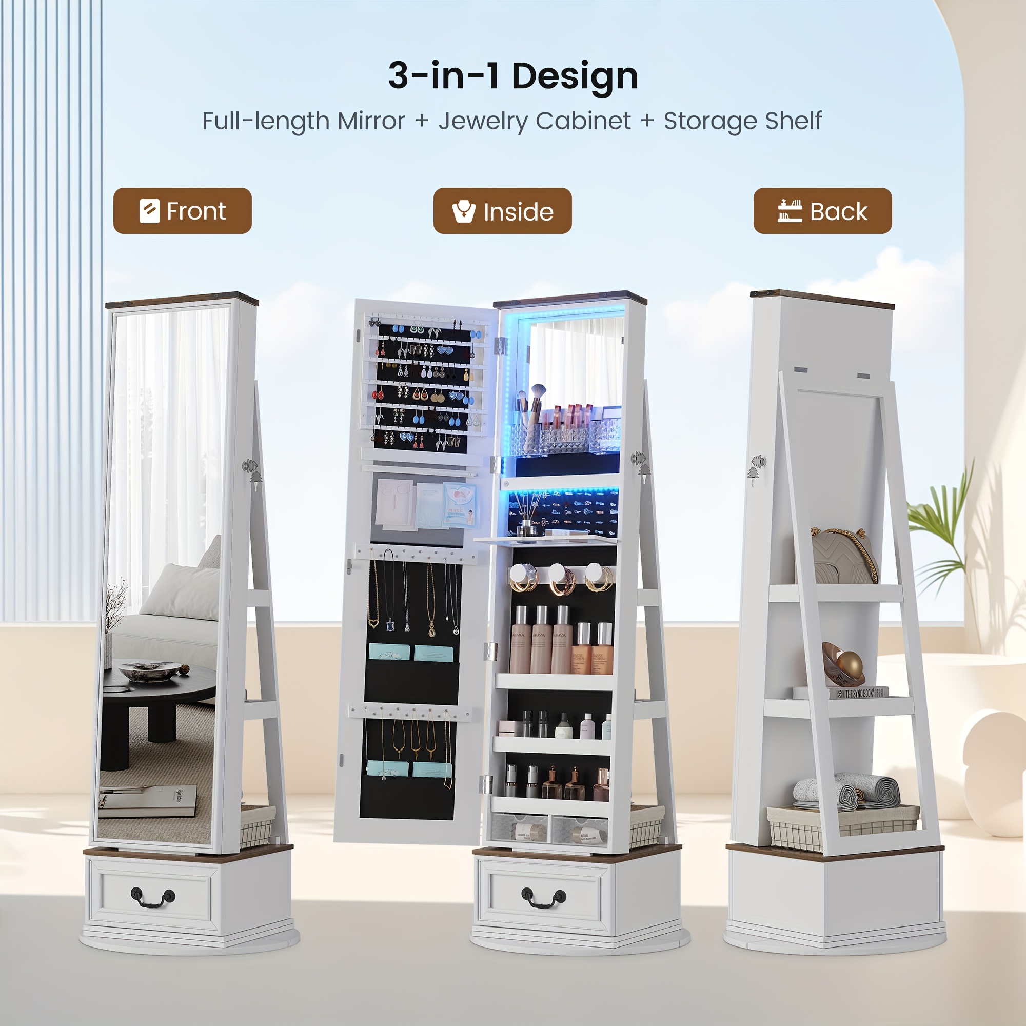 Lockable Vintage-Inspired 360° Swivel Jewelry Mirror Cabinet with Lights - Full Length Organizer with Storage Drawer for Bedroom Decor - Image 2