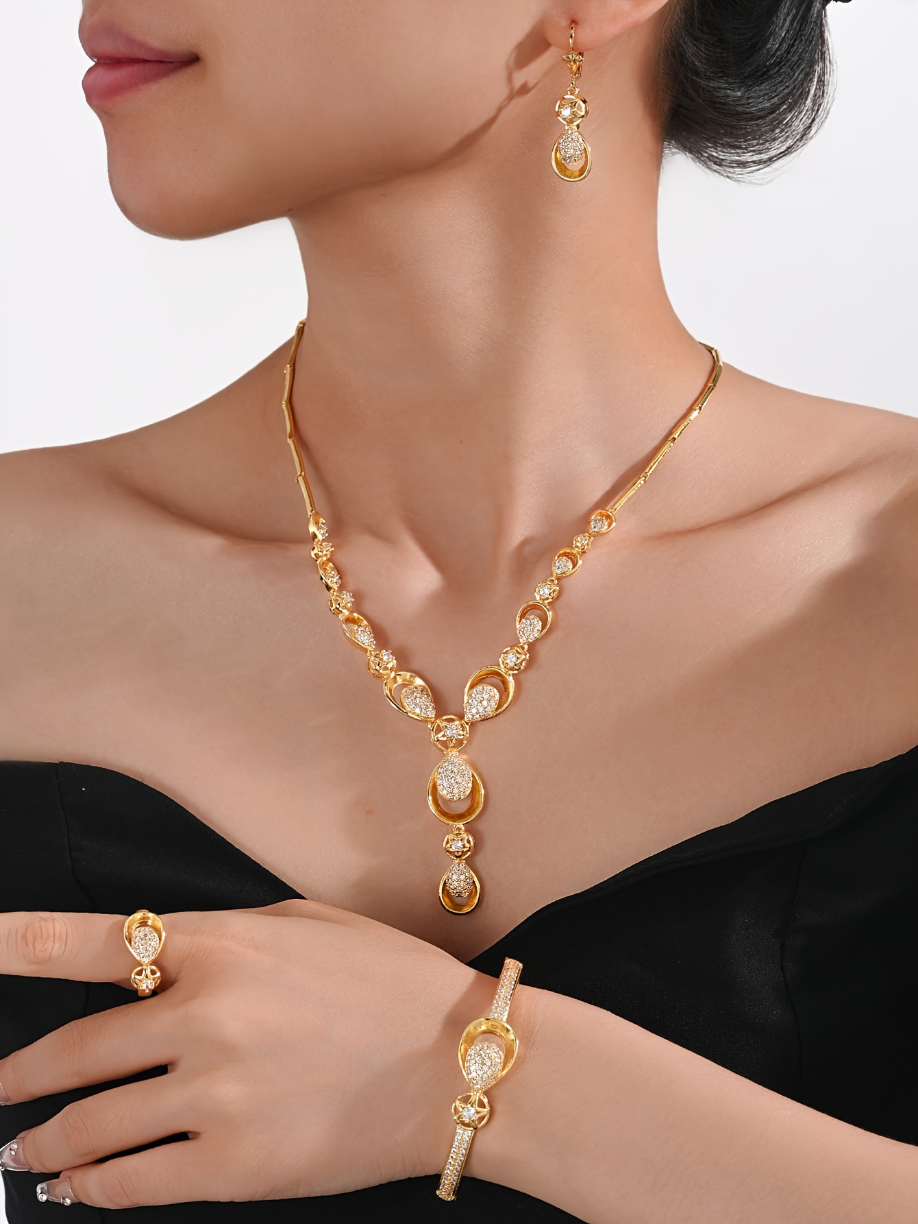 elegant 5 piece jewelry set with 18k golden plating and zirconia stones copper based necklace earrings bracelet and ring for   parties and valentines day gifts details 0