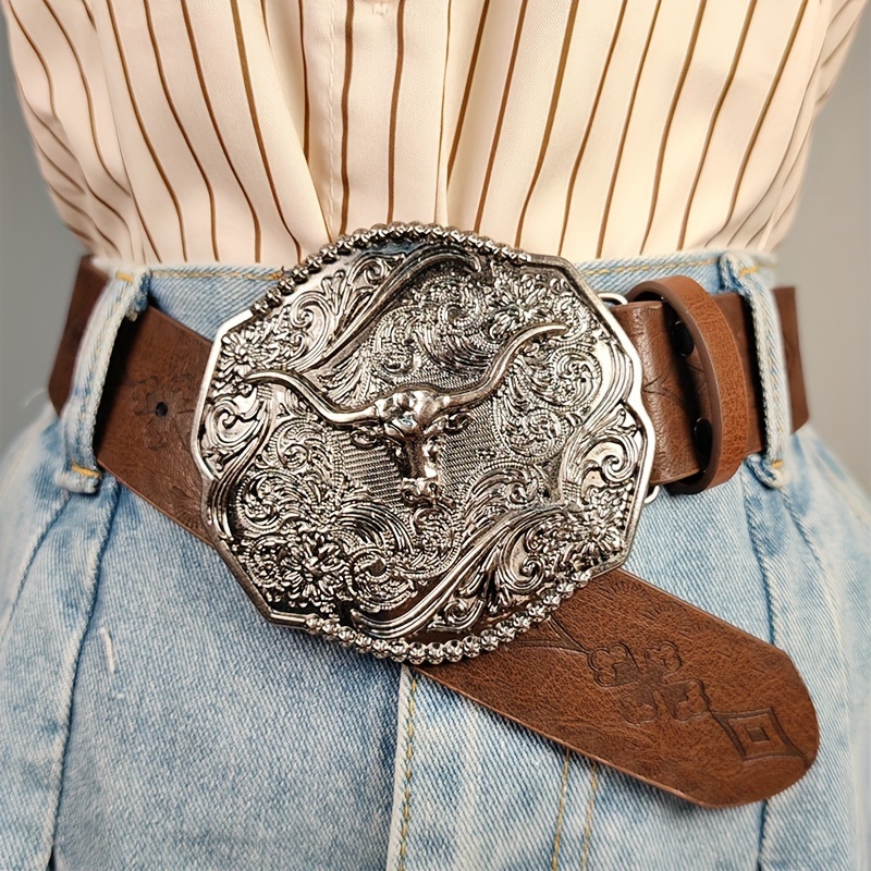 

Women's Rustic Embossed Brown Leather Belt With Vintage Floral Buckle, Street Style, Punk-inspired, Versatile Fashion Accessory For Dresses, Jeans, And Shirts