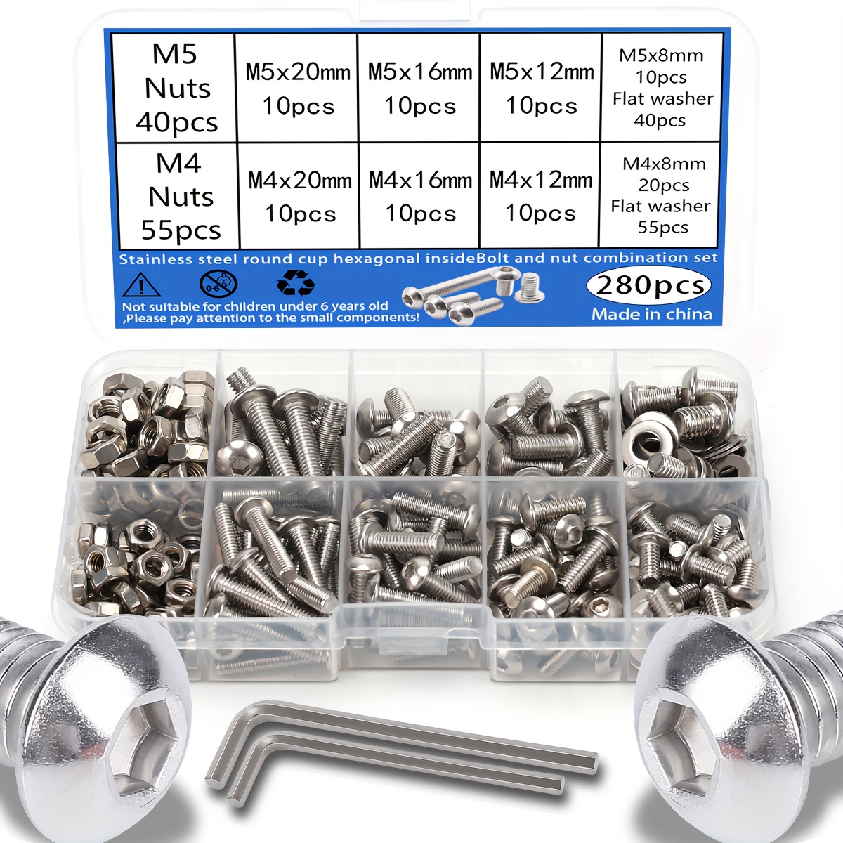 E-shop 280-teiliges Edelstahl Sechskant-Steckschrauben und Muttern Kombinationssatz - Rundkopf () M4, (Mutter) M5, Rundkopf Sechskantkopf - Rundkopf
