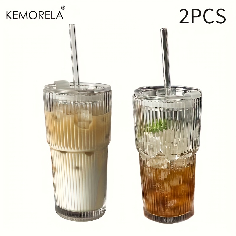 Image of 1pc/2pcs Kemorela 20oz Ribbed Glass Tumbler With Lid And Glass Straw | Heavy Duty, Reusable, Machine Washable, Perfect For Iced Coffee, Smoothies, Cocktails, Juices For Home, Office, Travel