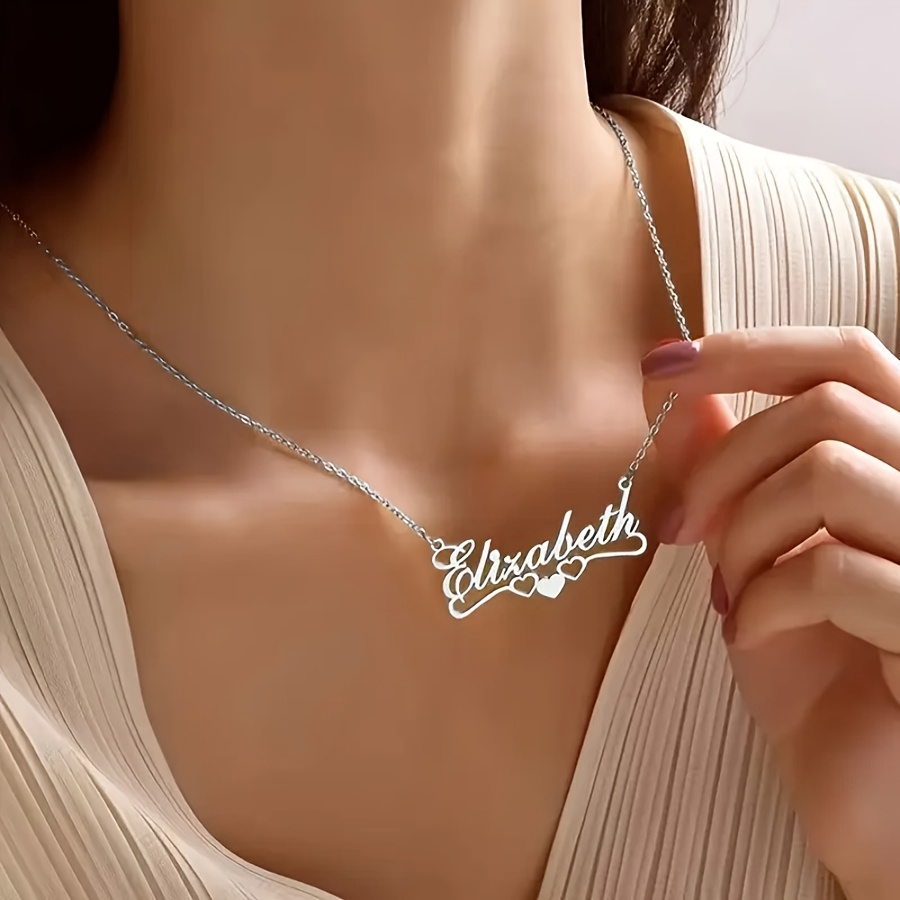TEMU Custom Name Necklace, Personalized Elegant Stainless Steel Name Necklace With Heart Pendant, Custom Ribbon Chain, Fashionable Jewelry Suitable