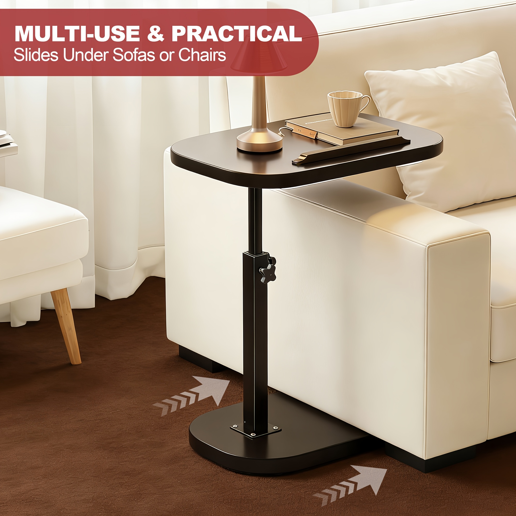 TEMU Table d'appoint moderne de C, bureau de chevet réglable en hauteur pour ordinateur portable, table de plateau pivotante à 360° coulissante sous