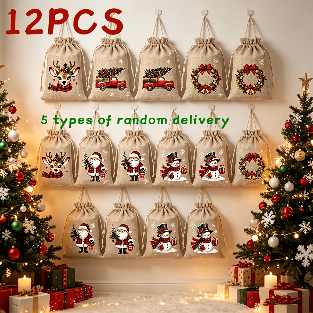TEMU 12-pack Carriecur Reusable Christmas Burlap Gift Bags With Drawstring Closure - Suitable For Party Favors, Tree Decorations, Birthday Gifts, 5