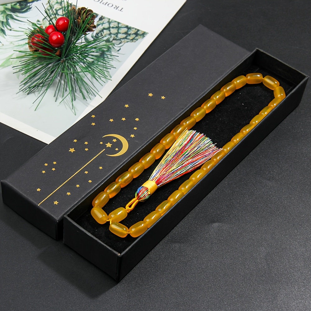 TEMU 8x12mm Yellow Natural Stone Bead Beads, Misbaha Tasbih Tasbeeh Masbaha Double-tassel Pendant, Designed Handmade Bracelet, Unisex, For Daily Use