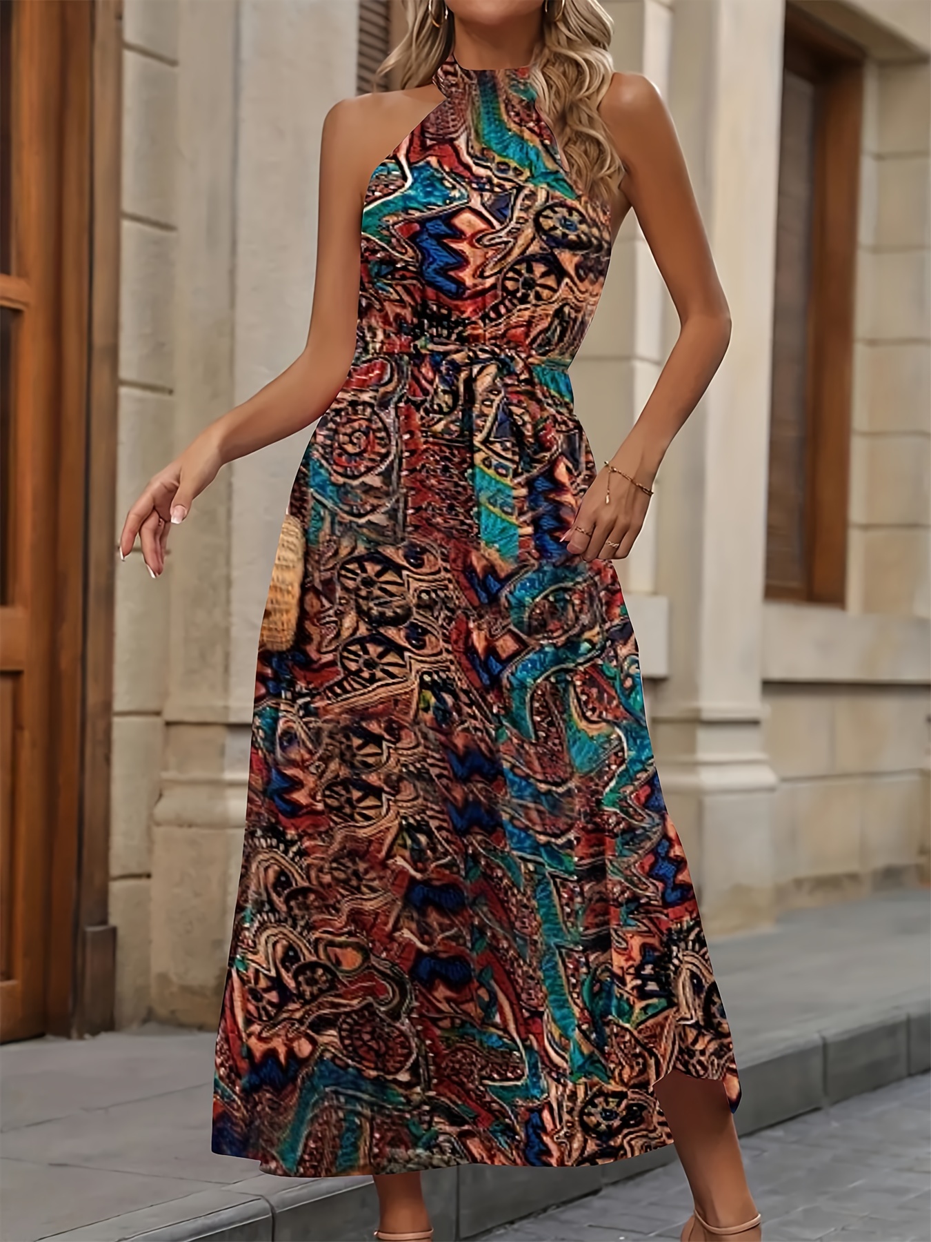 Abstract Print Sleeveless Dress Boho High Waist Summer Maxi - Temu