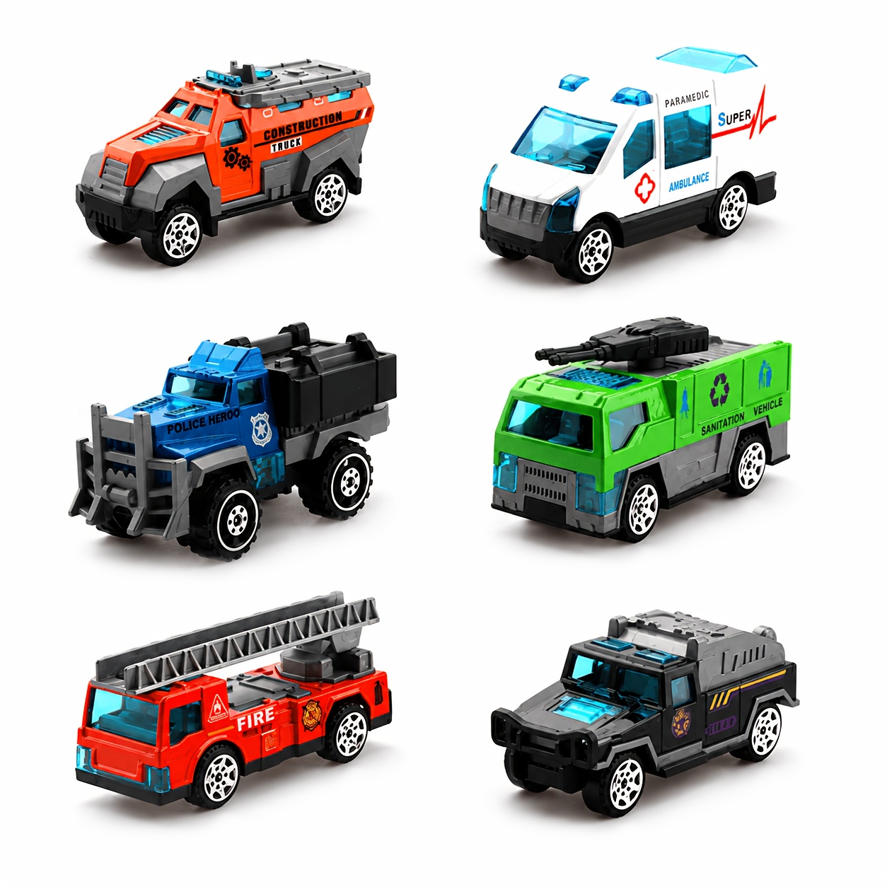 TEMU Mini Set de Véhicules de Chantier et de en Alliage, Modèle de Parking de Camions, Camion de Pompiers, Ambulance, Véhicule de Nettoyage, Véhicule