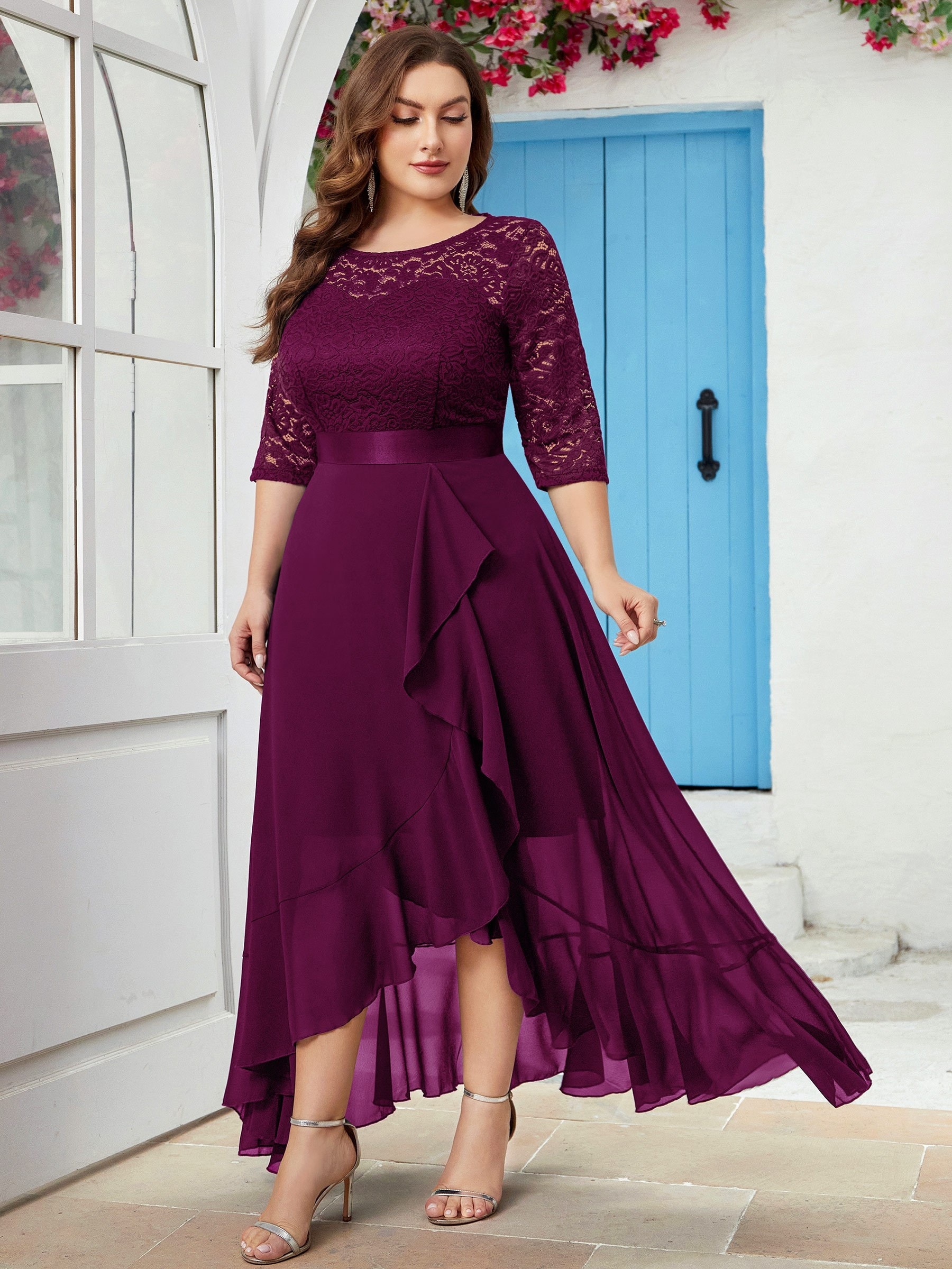 Stitching Bridesmaid Dress Plus Size Floral Lace Elegant V Temu