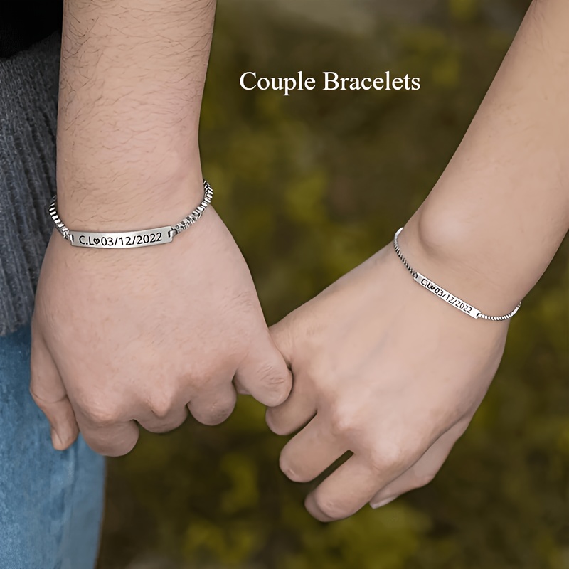 TEMU Personalized Custom Laser-engraved Name/date Jewelry - Adjustable Box Chain Bracelet, Stainless Steel Couple's Bracelet, Suitable For Boyfriend,