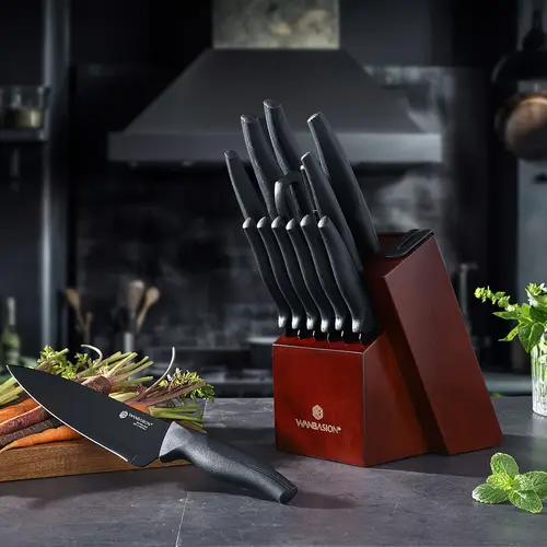 15pcs kitchen knife block set with sharpener forged high carbon stainless steel sharp blade block knife set dishwasher safe cutlery
