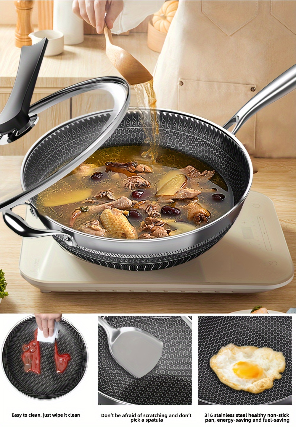   13 4 stainless steel wok with glass lid spatula brush thickened flat bottom for all stovetops   induction gas ceramic cookers details 3