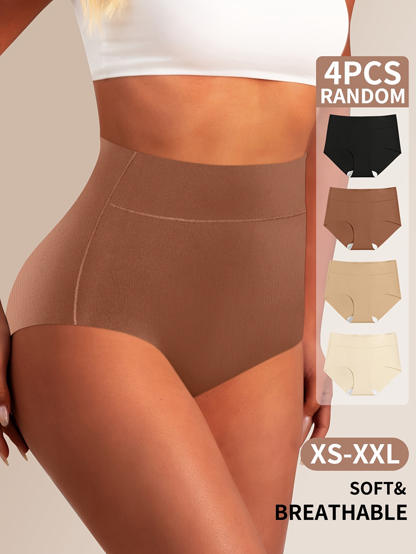 4 Random Women'S High-Waisted Underwear, Seamless One-Piece Tummy Tucking And Hip Lifting Comfortable Breathable Nude Triangle Briefs, Minimalist Style, Myriad Color Scheme, Elastic Material Suitable for Daily Leisure Sports Fitness Yoga Wear