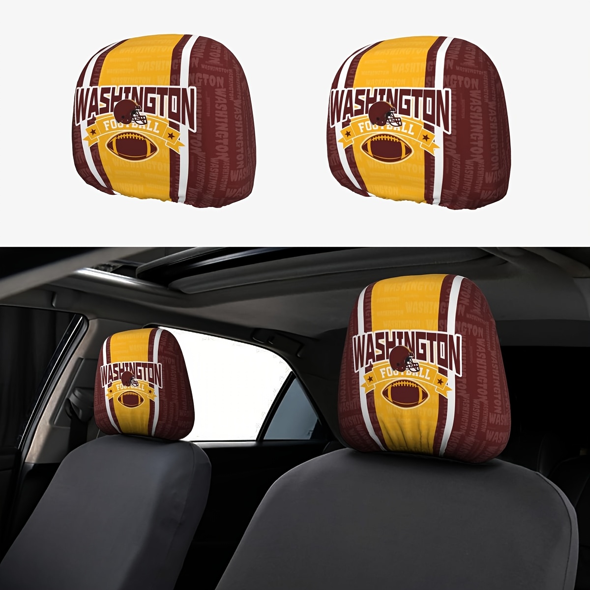 TEMU Yellow Maroon Football-themed Car Head Pillowcase 2pcs, Elastic Fabric, -purpose Car Interior Protective Cover, Sports Car Decoration, Car Chair