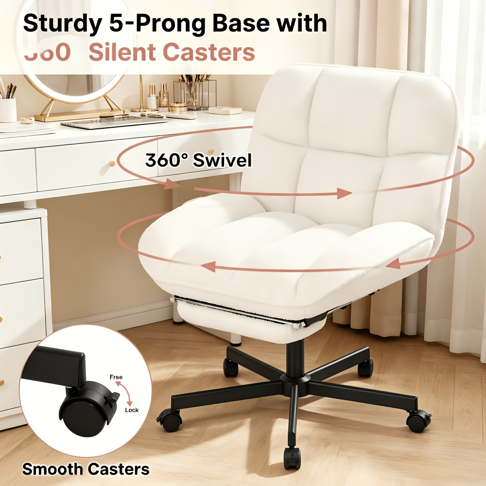 Vanity Chair with Footrest, Teddy Fleece Vanity Chair, Height Adjustable Swivel Desk Chair, 90°-120° Recline, with Wheels, for Bedroom, Home Office, Makeup