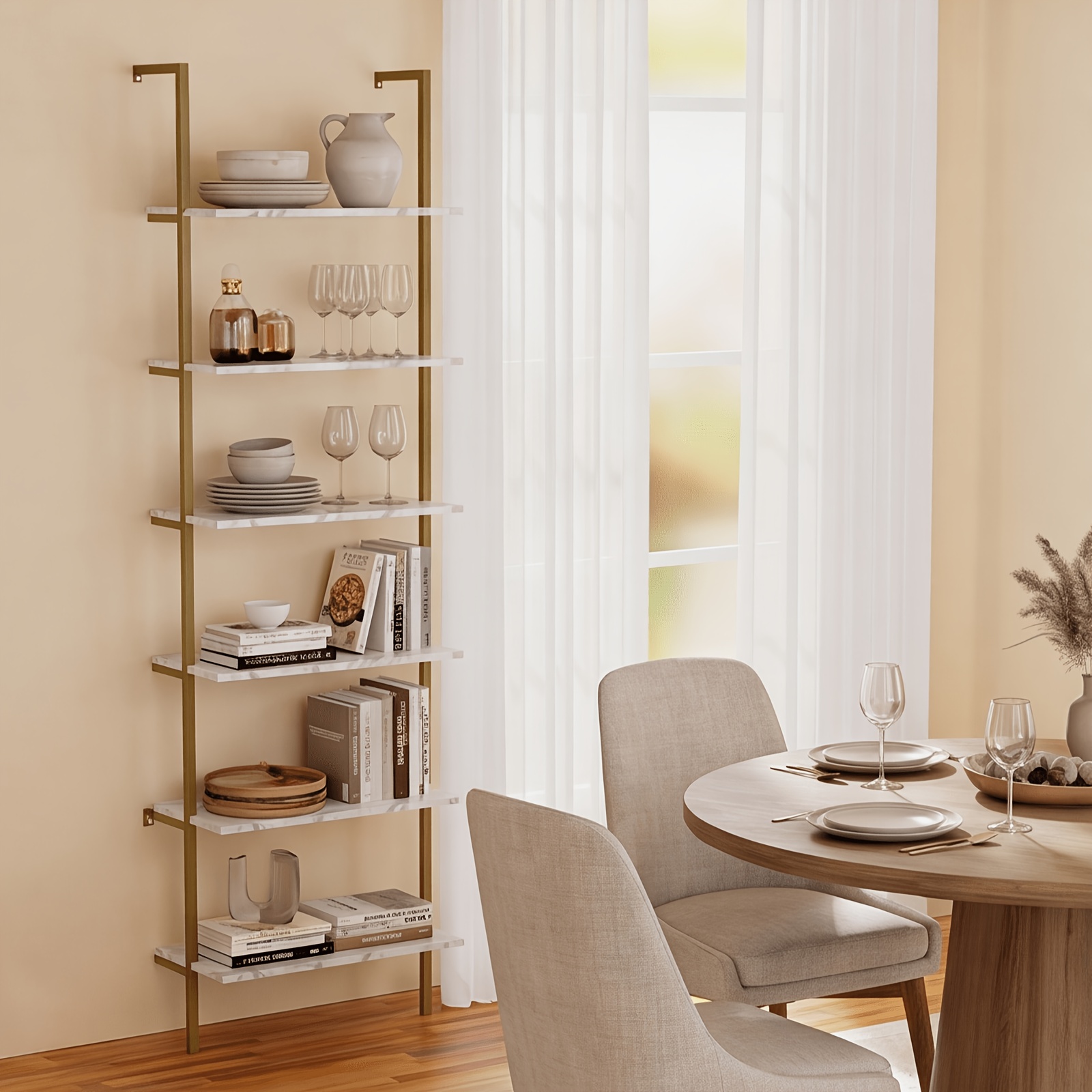 6 Tier Industrial Wall Mounted Shelves, White Faux Marble Floating Shelves, Open Storage Display Plant Rack for Living Room Kitchen Bedroom Office