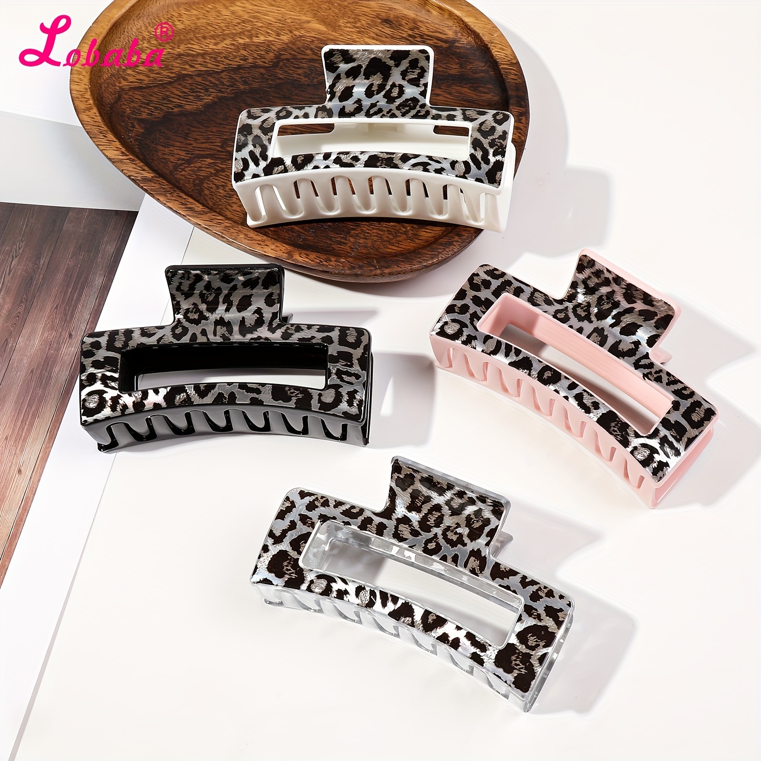 

4pcs Lobaba Elegant Hair Claw Clips Set, Large Size Plastic Hair Grips With Leopard Print, Geometric Rectangle Shape For Updo Hairstyles, Simple Accessories