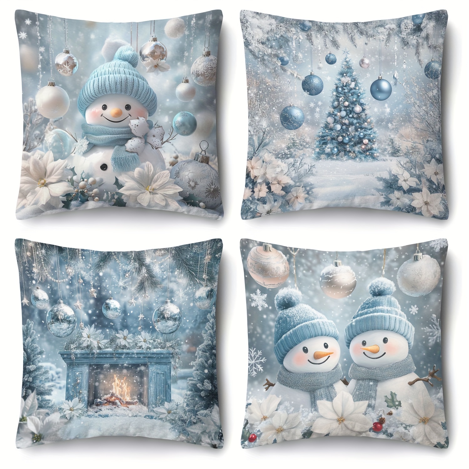 TEMU 4-pack Blue Christmas Throw Pillow Covers, 18x18 Inches, Contemporary Style, Polyester, Zippered, Machine Washable, Printed With Snowflakes,