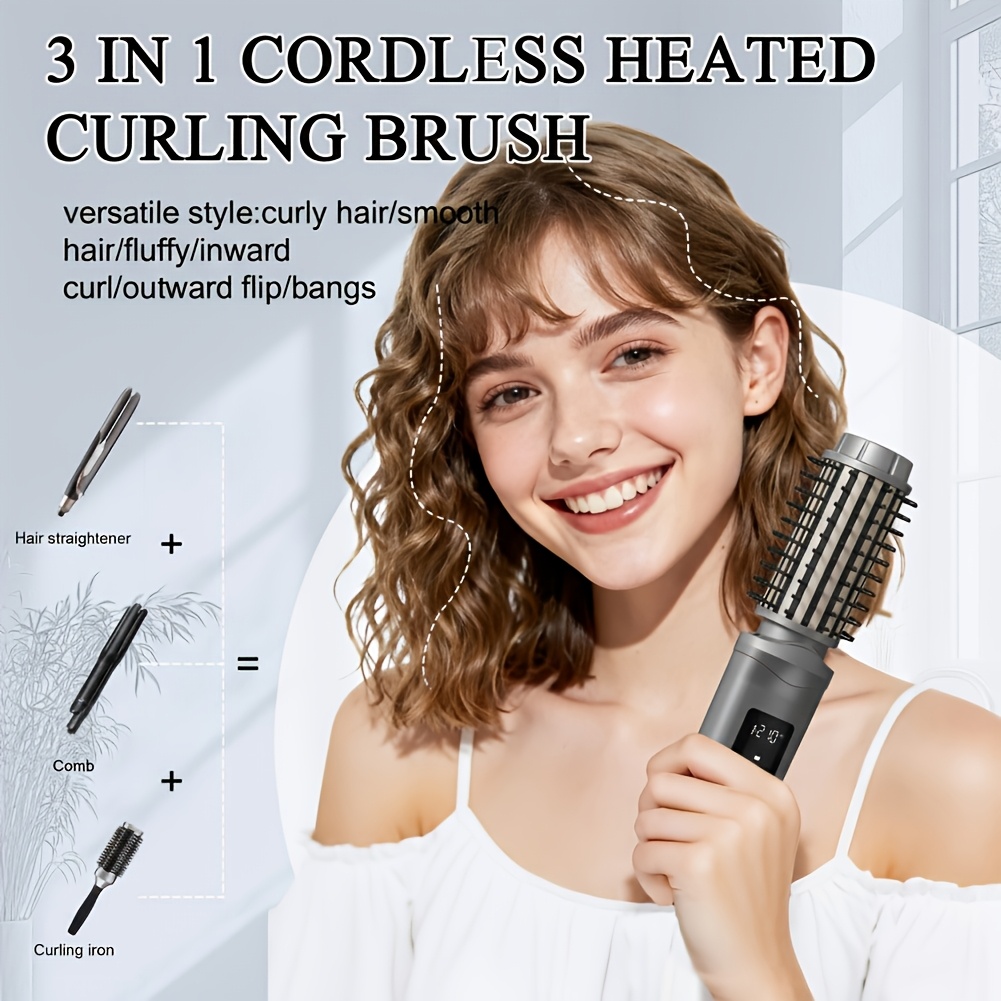 item picture curling iron straightening brush rechargeable 2 in 1 styling tool with led display   temperature settings portable mini hot brush for travel and home use