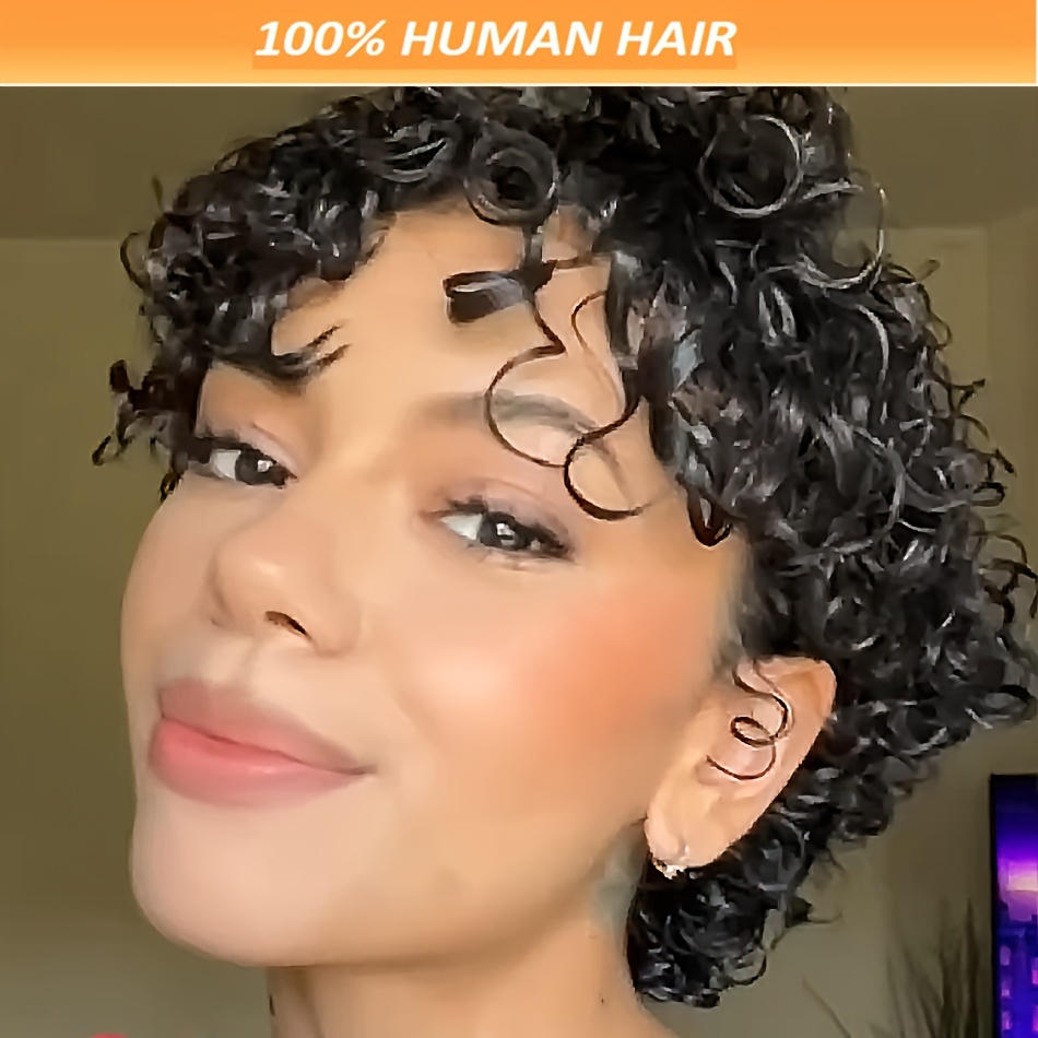 

Chic 4-inch Cut Wig For Women Loose Curly With Bangs Glueless Remy Brazilian Human Hair Curly Wave 180% Density Full Machine Made Non-lace Short Style Suitable For Daily Use Party