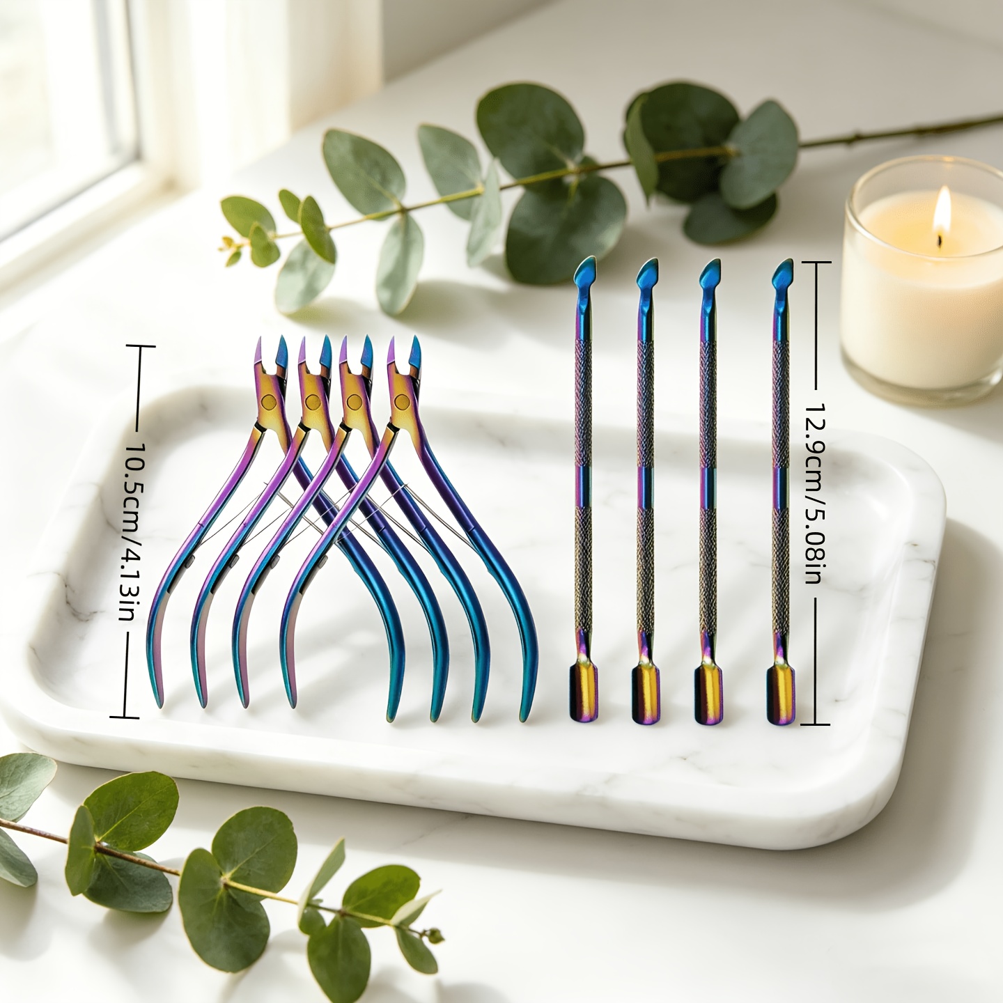 TEMU Set Of 8 Colorful Titanium Stainless Steel Nail Tools For Nail Art, Including A Dead Skin Pusher, Nail File, And Cuticle Fork