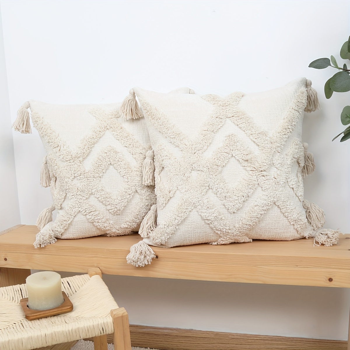 2pcs, Boho Chenille Tufted Throw Pillow Covers, Square White Polyester Decorative Pillow Cases with Tassels for Couch Sofa Bedroom Living Room, 45.72x45.72 cm, No Pillow Insert