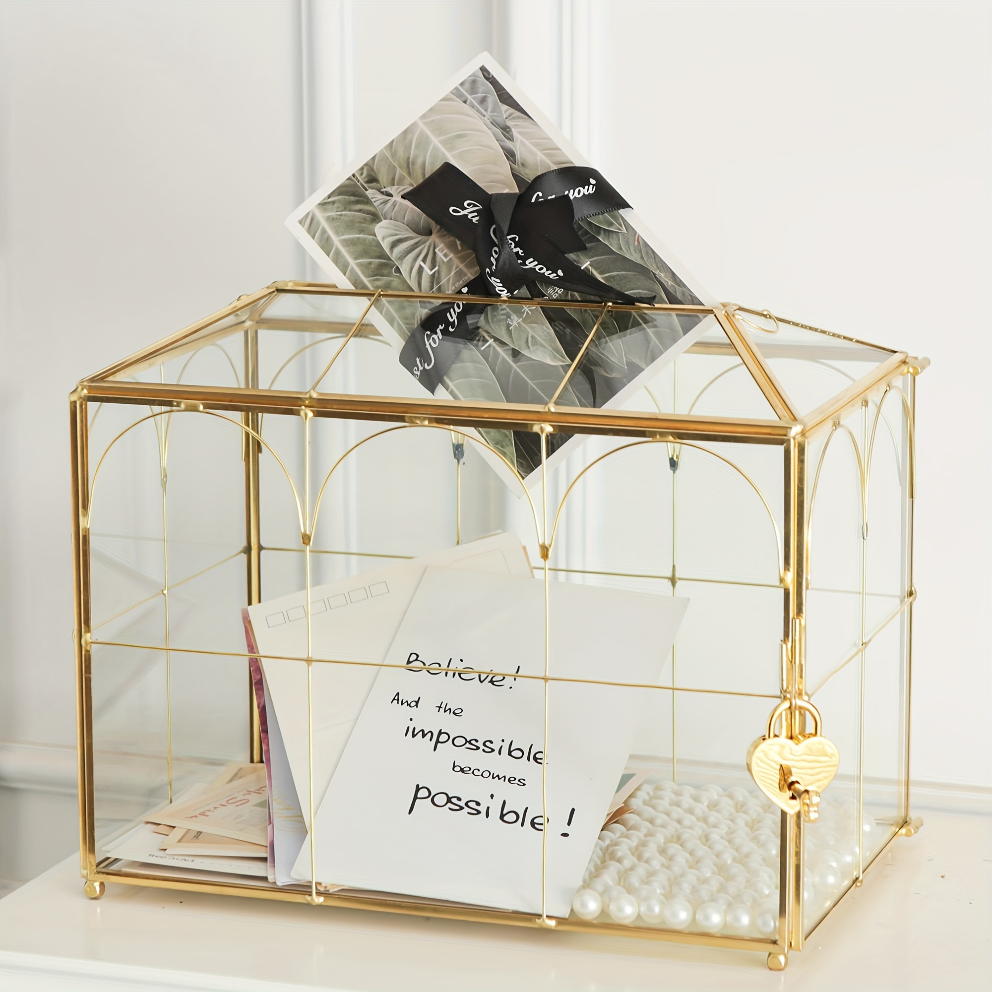 

Elegant Golden Glass Card Box – 10.2" Hexagonal Wedding, Shower, Birthday Party Decorative Storage For Cards, Envelopes, And Keepsakes – Clear Brass Frame With Decorative Bow